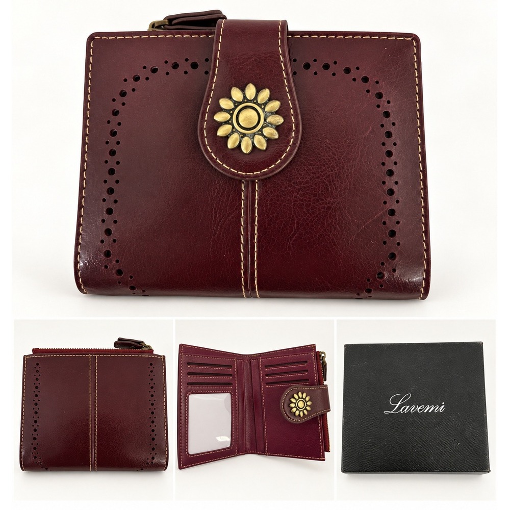Lureni Burgundy Faux Leather Bifold RFID Wallet Sunflower Boho Perforated
